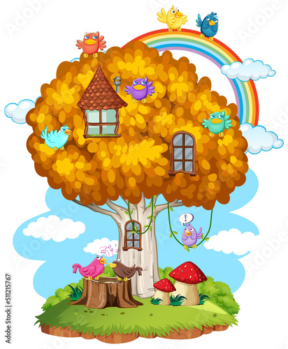 Fairy tree house with many birds