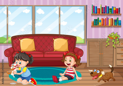 Scene with two girls in living room