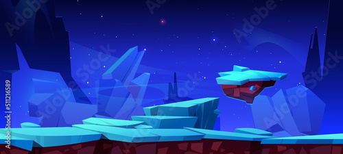 Seamless game background of alien planet landscape with ice and floating islands. Vector cartoon illustration of land with frozen water or blue crystals at night