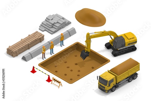 People working at the construction site. Lots of materials. Construction site and heavy equipment excavator car. Building work.