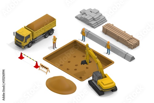 People working at the construction site. Lots of materials. Construction site and heavy equipment excavator car. Building work.
