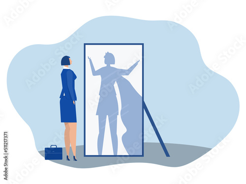 businesswoman looking at herself in mirror dreaming with super hero with strong motivation Super Hero Shadow Leadership Motivation Silhouette Concept Vector illustration