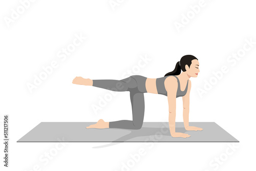 Fire Hydrant Pose Variation. Beautiful girl practice Dandayamana Bharmanasana Variation Leg To Side. Young attractive woman practicing yoga exercise. working out, black wearing sportswear, grey pants