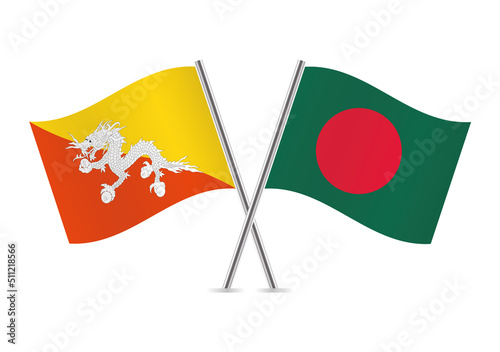 The Kingdom of Bhutan and Bangladesh crossed flags. Bhutanese and Bangladeshi flags on white background. Vector icon set. Vector illustration.