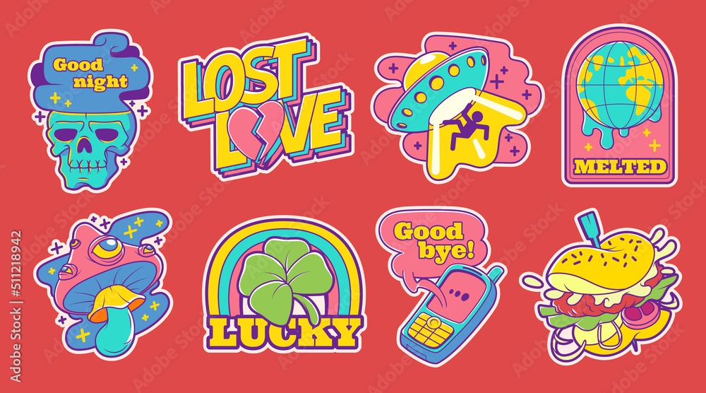 Trendy retro stickers with ufo, clover leaf, mushroom and camera. Vector set of contemporary comic badge or patches with hamburger, melted globe and skull. Kitsch art, psychedelic 90s design Trendy retro stickers with ufo, clover leaf, mushroom and camera. Vector set of contemporary comic badge or patches with hamburger, melted globe and skull. Kitsch art, psychedelic 90s design