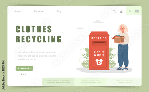 Clothes recycling landing page template. Elderly woman with cardboard box gives things for donation. Clothing bin or recycle container. Volunteering concept. Vector illustration in cartoon style.