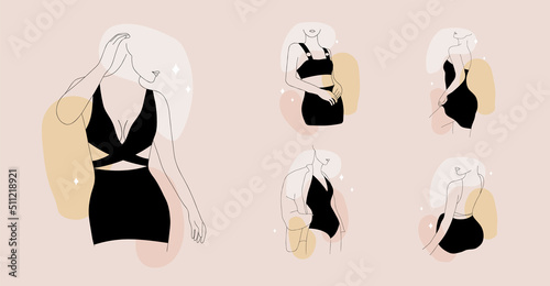 Set of minimalist female bodies on colored spots. Linear women in black lingerie. Vector illustration in one line drawing style. Perfect for logo.