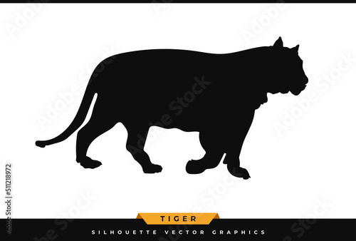 Tiger silhouette vector. Walking tiger silhouette. Big wild cat vector black illustration isolated on white background. Wild animal graphic, icon, logo.