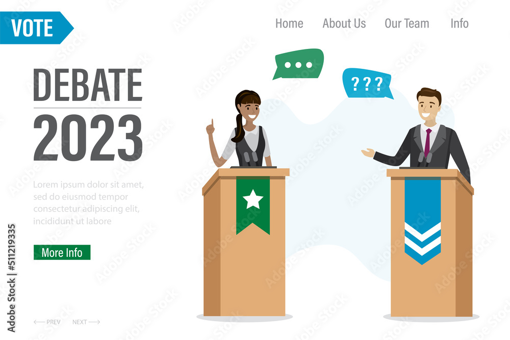 Debate before vote 2023 year, landing page template. Cartoon leaders of political parties conducting discussion on public debates. Politicians talk and discuss problems. Election campaign Debate before vote 2023 year, landing page template. Cartoon leaders of political parties conducting discussion on public debates. Politicians talk and discuss problems. Election campaign