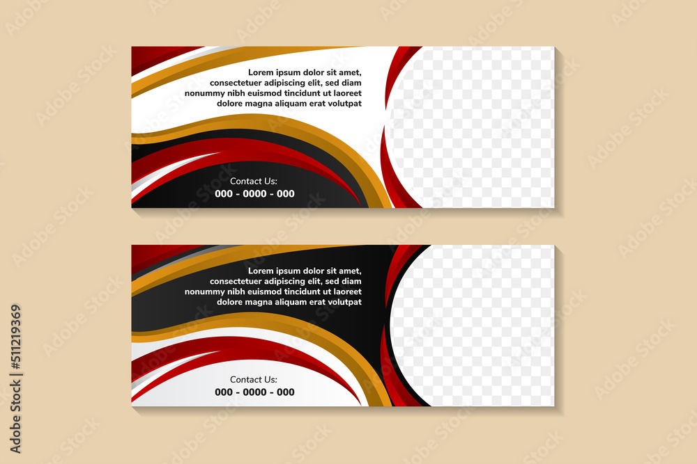 Naklejka premium Set of abstract header design, horizontal layout banners template. curve element using red, gold and black elements. space for photo and text.