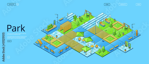Eco park poster with isometric summer landscape with green trees, grass, wooden benches and swings. Vector banner of city public garden with cafe, vending machines and playground