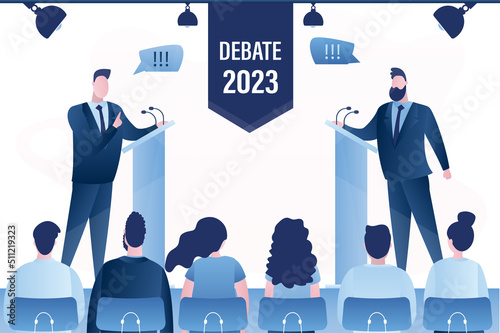 Open debates 2023 before vote. Leaders of political parties conducting intense discussion on public debates. Two male politicians debate on podium. Electorate is listening, election campaign.