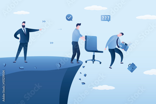 Boss fires employees. Unhappy dismissed manager fall off the cliff, staff reduction. Jobless white collar. Unemployment, concept. Economic crisis, financial problems.