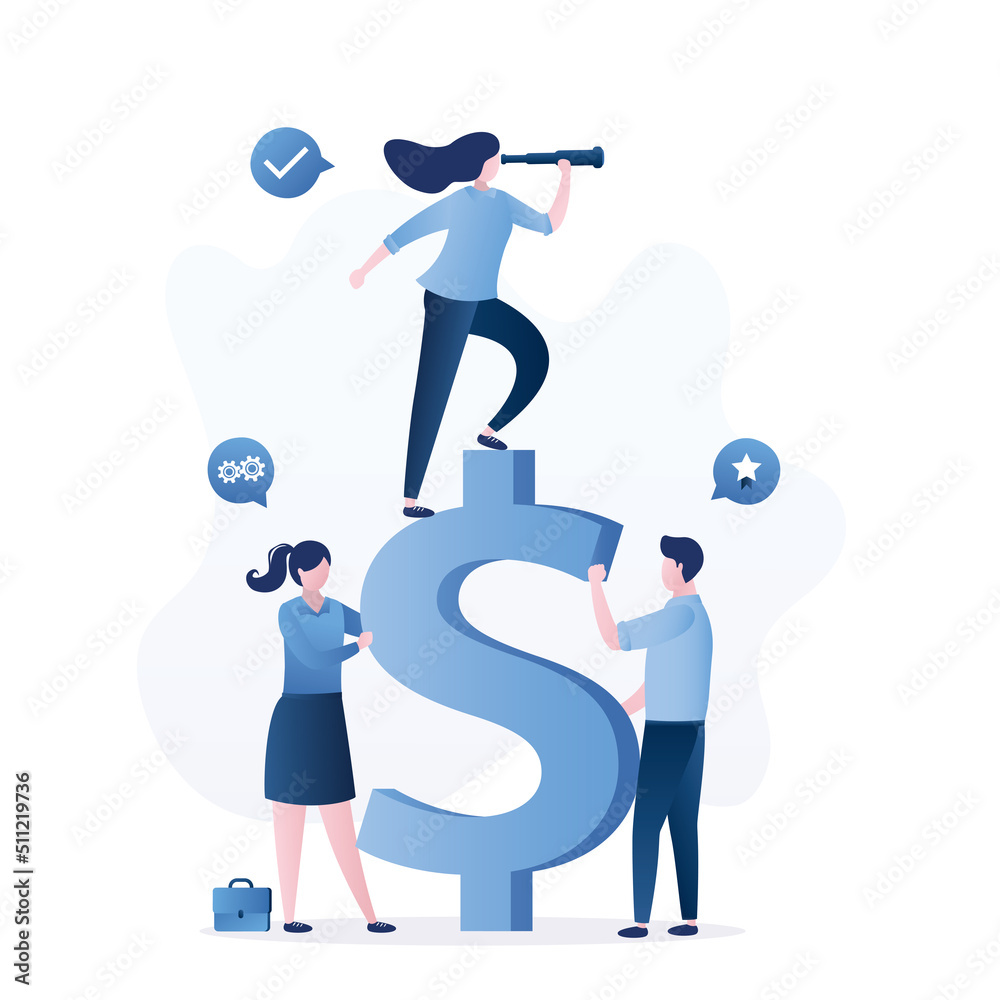 Woman boss or leader stands on large dollar sign and looks through spyglass. Business vision, company development strategy. Employees holding dollar currency. Woman boss or leader stands on large dollar sign and looks through spyglass. Business vision, company development strategy. Employees holding dollar currency.