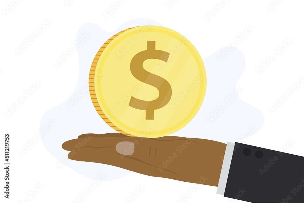 Human hand holds golden dollar coin. Earnings, salary, payment for purchases. African american businessman holds profit in palm of his hand. Bank deposit, Human hand holds golden dollar coin. Earnings, salary, payment for purchases. African american businessman holds profit in palm of his hand. Bank deposit,