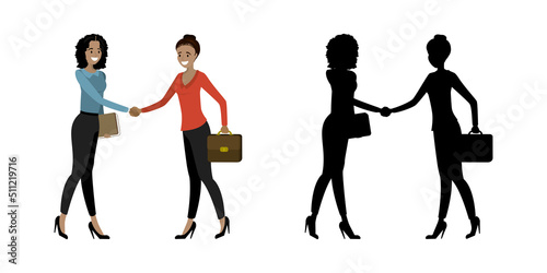 Hispanic women approved good deal. New project development. Female managers shake hands after successful negotiations. Two women black silhouette template. Agreement, corporation relationship