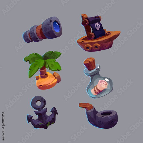 Pirate game icon, cute cartoon vector set of wooden boat with black sail abd skull, smoking pipe, spyglass and metalic anchor, island with palm tree and message in bottle, isolated illustration for ui