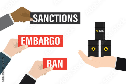 Seller hand holding oil barrels. Hand of politician or diplomat shows labels- embargo, sanctions. Ban on import oil, gas. Trade, economic wars. Ban on import of petroleum products.