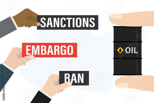 Seller fingers holding oil barrel. Hands of politicians or diplomats shows labels - embargo, sanctions. Ban on import oil, gas. Trade, economic wars. Ban on import of petroleum products.