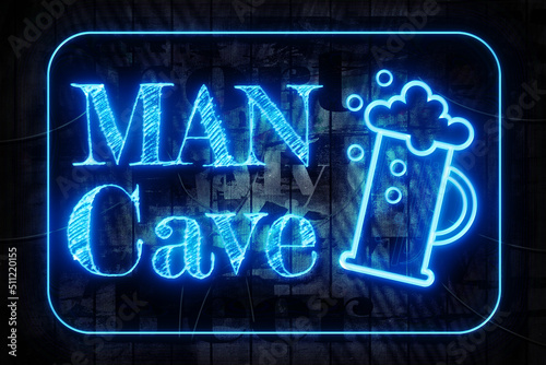 Man Cave Neon Sign on a Dark Wooden Wall photo