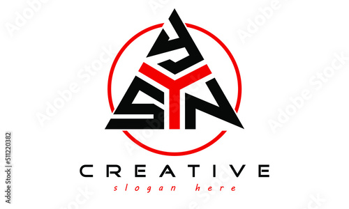 SYN three letter creative triangle shape in circle logo design vector template. typography logo | Letter mark logo | initial logo | wordmark logo | minimalist logo | gaming logo | emblem logo
