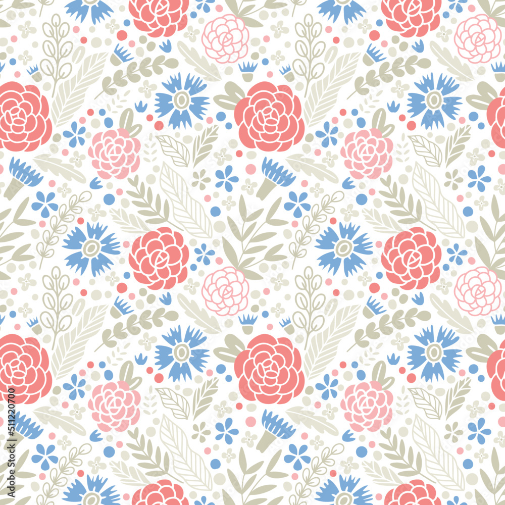 Floral seamless pattern in doodle style. Cute simple pattern with flowers and leaves.