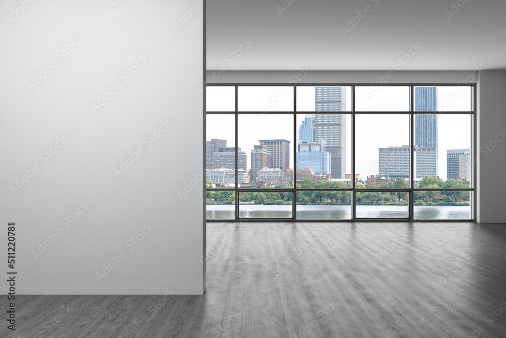 Obraz premium Panoramic picturesque city view of Boston at day time from modern empty room, Massachusetts. An intellectual and political center. Mockup copy space empty wall. Display concept. 3d rendering.