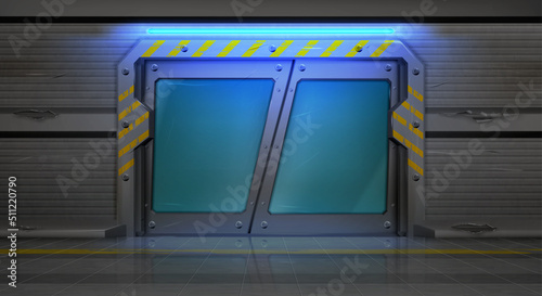 Metal door, bunker or secret laboratory entrance with glass windows, sliding gates in spaceship interior. Futuristic closed shuttle ski-fi gateway with yellow markup, Realistic 3d vector illustration