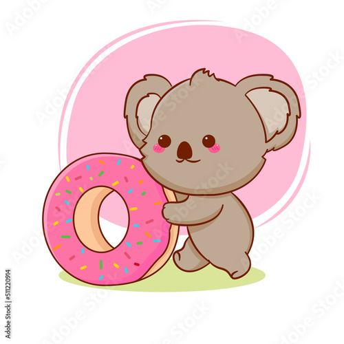 Photography Cute happy baby koala bear with doughnut