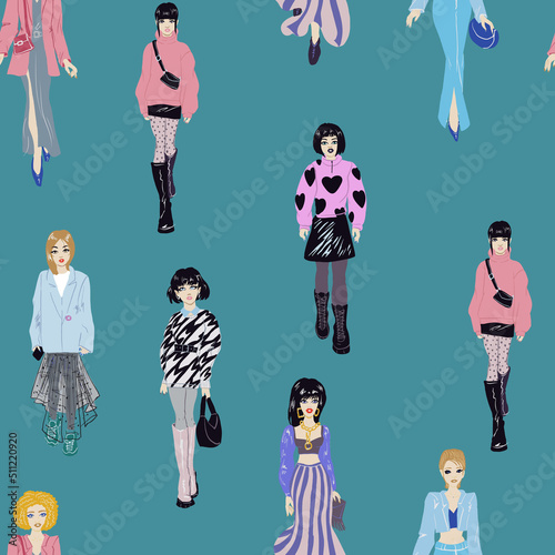 Seamless pattern. Women in trendy clothes. Fashion illustration.
