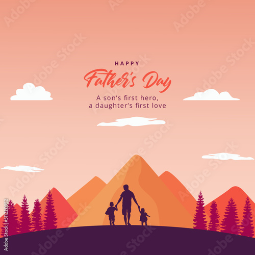 Happy Father's Day Background. Silhouette of father, daughter, and son in the mountains and trees vector illustration