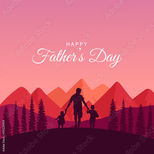 Happy Father's Day Background. Silhouette of Family in the mountains and trees vector illustration