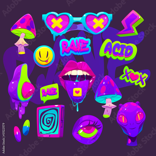 Acid stickers with aliens, mushrooms and tv. Psychedelic, rave design of 60s and 70s. Vector cartoon set of weird and crazy hippie icons eyes, martian head, mouth and drugs