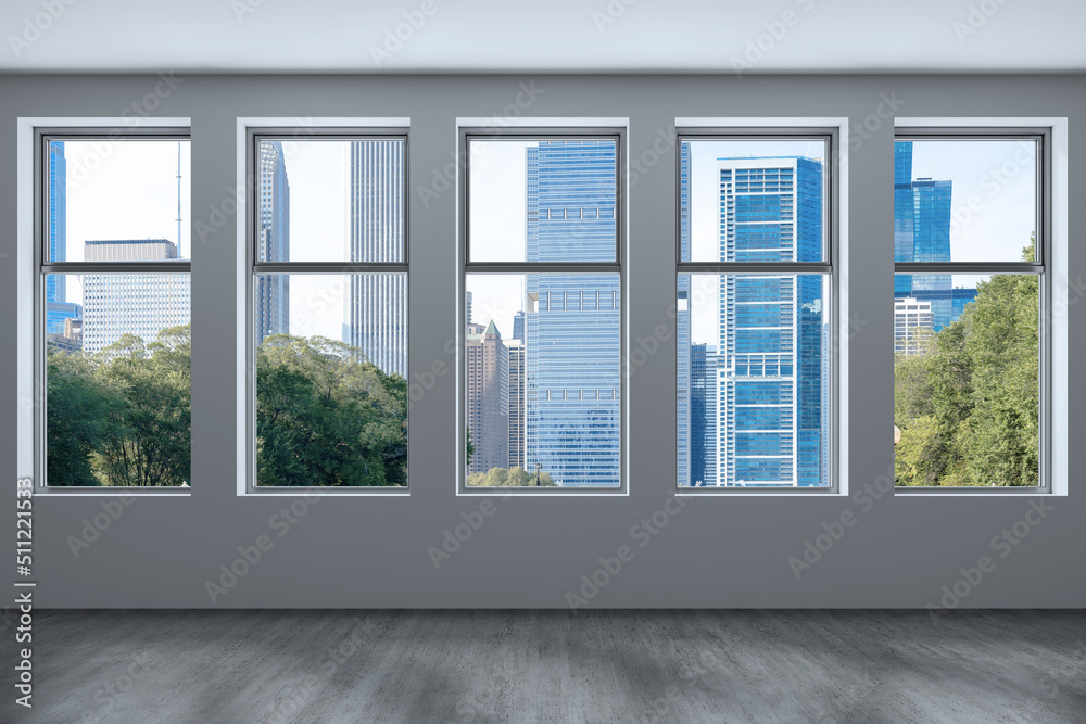 Fototapeta premium Downtown Chicago City Skyline Buildings from High Rise Window. Beautiful Expensive Real Estate overlooking. Epmty room Interior Skyscrapers View in Penthouse Cityscape. Day time. 3d rendering.