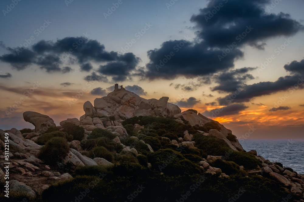 Panoramic landscape view with dramatic sunset on rocky coast, Santa teresa di Gallura, sunset at Capo Testa, Sardinia