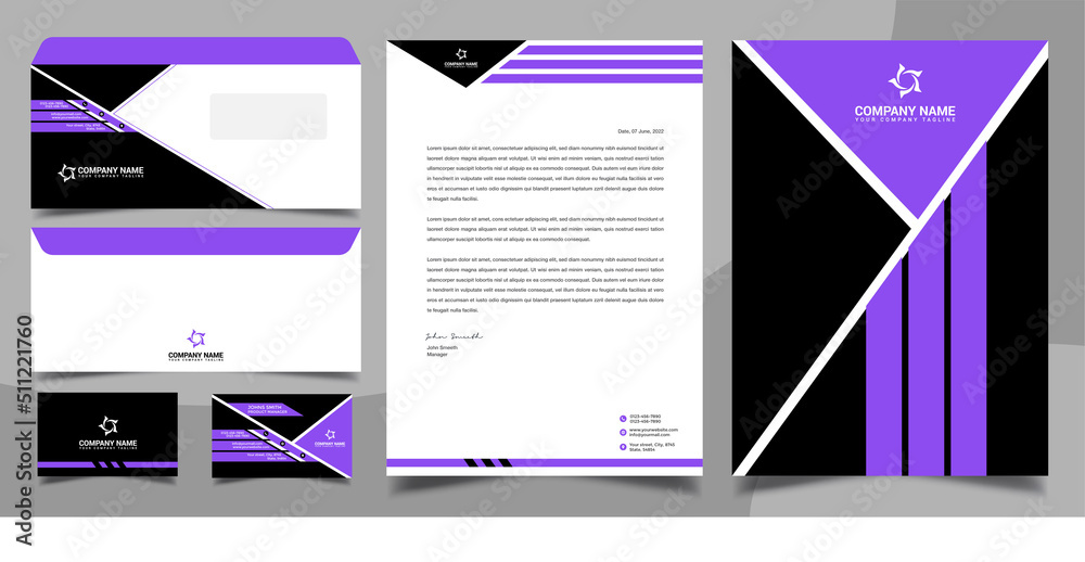 Purple brand identity, stationary, letterhead, business card, envelope, cover design template set