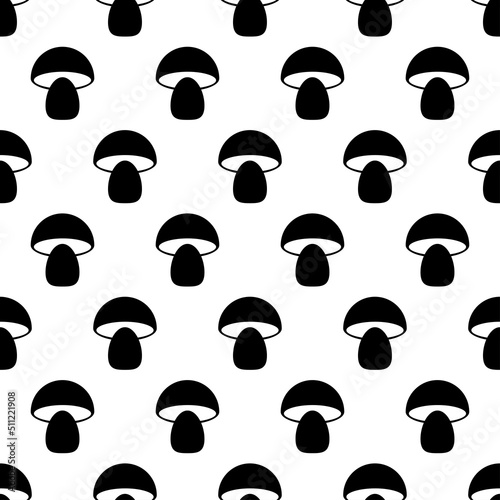 Seamless pattern with mushrooms. Black icon of mushrooms on white background. Isolated symbol mushroom in flat style. Design for print on fabric, wrapping paper, packing, wallpaper.Vector illustration