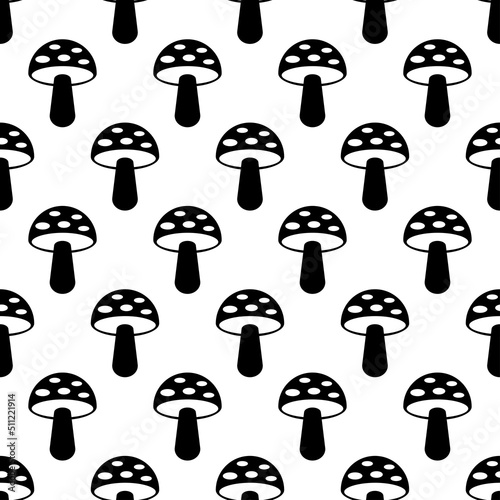 Seamless pattern with mushrooms. Black icon of mushrooms on white background. Isolated symbol mushroom in flat style. Design for print on fabric, wrapping paper, packing, wallpaper.Vector illustration