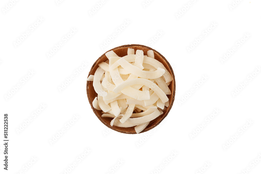 Dried coconut pulp slices. Coconut chips or Dehydrated fruit in half