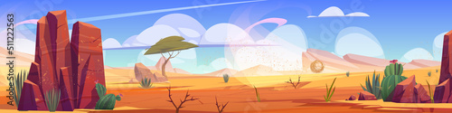 Desert of Africa natural landscape  african panoramic background with tumbleweed rolling along hot dry deserted nature with yellow sand  cacti  rocks under blue sky with clouds  Cartoon illustration