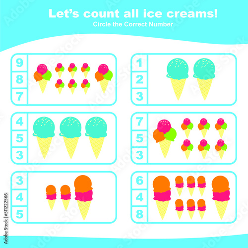 Counting ice creams worksheet for preschool. Teaching children how to count and match images with number. Educational printable math. Vector illustration.