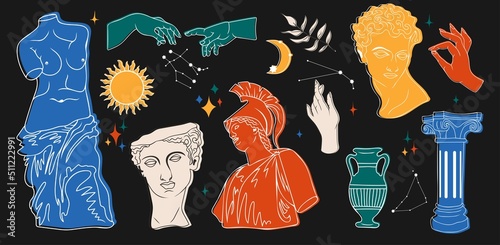 Greek ancient sculpture mystic set. Vector hand drawn illustrations of antique classic statues in trendy bohemian style. Heads, branch, vase, column, hands, body, stars, moon.