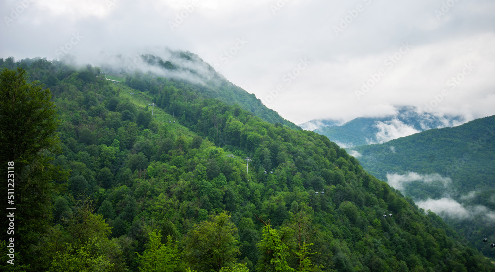 Selective focus. Spring morning at mountains and clouds. Atmospheric landscape with trees and low clouds on cloudy sky. Awesome mountain scenery.