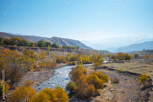 Amazing landscape of a mountain valley with a small river with a turbulent stream and colorful autumn trees. Beautiful autumn nature in the foothills  Snow-capped peaks in the distance. Pamir, Asia. © eskstock