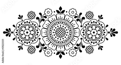 Floral outline vector motif with flowers and leaves, folk art decoration inspired by lace and embroidery patterns, design element for greeting card, wedding invitation in black and white

