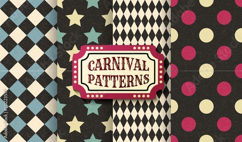 Set of carnival retro vintage seamless patterns. Textured old fashioned circus wallpaper templates. Collection of vector texture background tiles. For parties, birthdays, decorative elements.