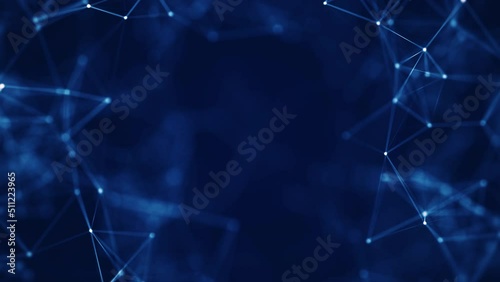 Abstract concepts of cybersecurity technology and digital data protection. Protect internet network connection with polygons, dots and lines in the center blur slow motion with dark blue background.