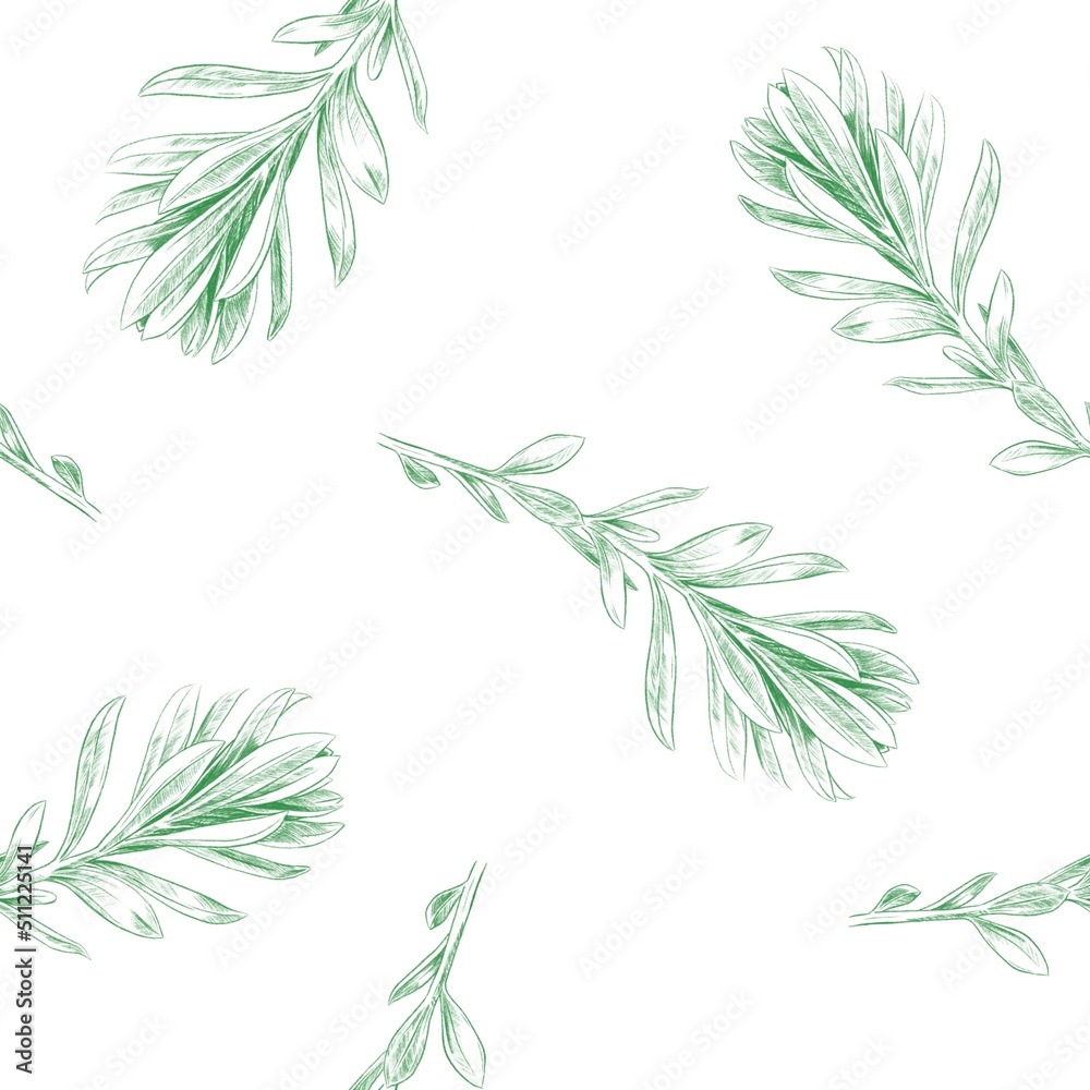 Light seamless botanical pattern isolated on a white background. Pencil hand drawn sketch of a plant.