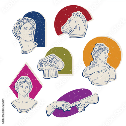 Greek Antique statue, ancient sculpture art sticker set. Vector color geometry surrealism. Head, hand, horse, column