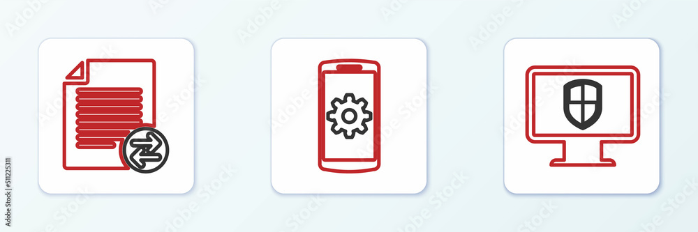Set line Monitor and shield, Transfer files and Setting smartphone icon. Vector Set line Monitor and shield, Transfer files and Setting smartphone icon. Vector